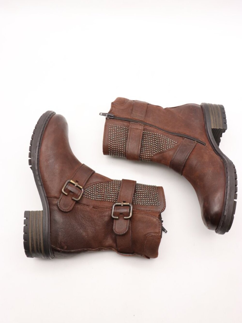 Paul Green Women's UK 4.5 US 7 Brown Leather Studded Moto Boots Buckle Shoes - Picture 8 of 12